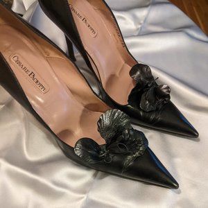 Cesare Paciotti Black Leather Flower Detail Pumps Size 39.5